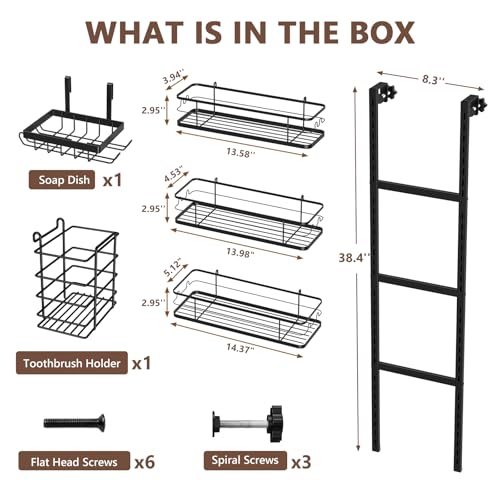 Over The Door Shower Caddy, 304 Stainless Steel Organizer, Black | Hanging Bathroom, Pantry & Kitchen Storage Rack. No Drilling With 3 Adjustable Shelves, 14 Hooks