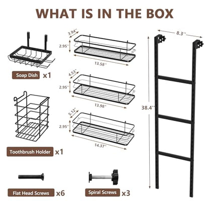 Over The Door Shower Caddy, 304 Stainless Steel Organizer, Black | Hanging Bathroom, Pantry & Kitchen Storage Rack. No Drilling With 3 Adjustable Shelves, 14 Hooks