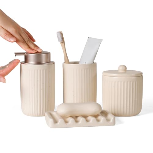 BosilunLife Striped Apricot Ceramic Bathroom Accessories Set of 4 | Bathroom Decor Sets Accessories Bathroom Lotion Soap Dispenser and Toothbrush Holder Set, Soap Dish, Apothecary Jars.(Liquid) - color: Apricot-liquid