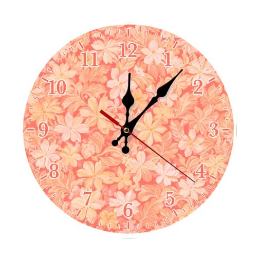 Floral Pattern on Coral Background Round Wooden Wall Clock, Silent Non-Ticking Battery Operated Decorative Wall Clock for Living Room, Bedroom, Kitchen, Office, Farmhouse Home Decor - color: Color545, size: 11.8x11.8in