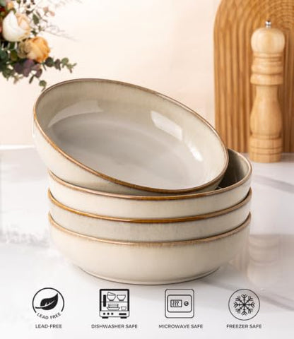 GBhome 8.75'' Large Pasta Bowls, 38oz Stoneware Pasta Serving Bowls Set of 4 - color: Almond Cream