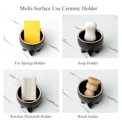 Ceramic Sponge Holder with Drainage, Black Sink Caddy Organizer | Self-Draining Kitchen Versatile Holder for Sponges, Brushes & Bar Soap, Scrubber , Quick-Dry Design, Keeps Countertop Dry