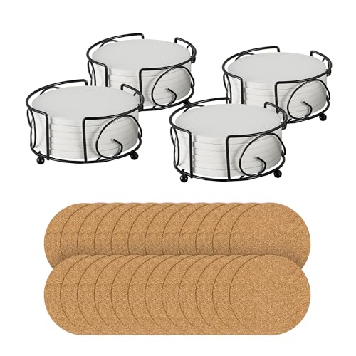 OMTech 24 pcs Sublimination Ceramic Coaster Set, 4"x4" Absorbent Heat Transfer Cup Holder Bulk, Round Table Coasters with Cork for Painting Printing Laser Engraving, Custom Drink Holder Blanks for DIY