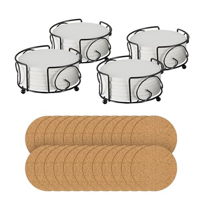 OMTech 24 pcs Sublimination Ceramic Coaster Set, 4"x4" Absorbent Heat Transfer Cup Holder Bulk, Round Table Coasters with Cork for Painting Printing Laser Engraving, Custom Drink Holder Blanks for DIY