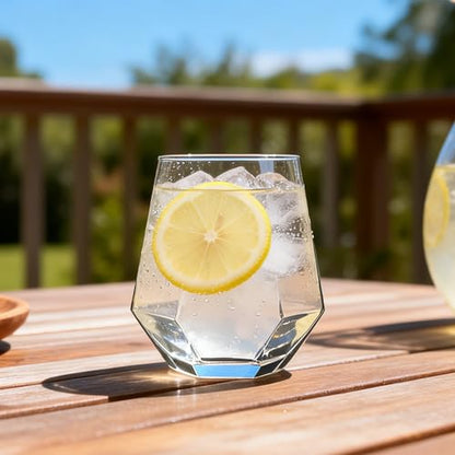 UMEIED 11 oz Diamond Wine Glasses Set of 12, Stemless Geometric Tumblers | For Red Wine, Bourbon, Cocktail, Heavy Base Clear Glass, For Home Bar, Party, Housewarming
