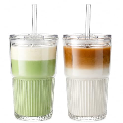 Haundry Ribbed Glass Cups with Lids and Straws (2 Pack), 16oz Iced Coffee Glass Tumbler, Leak Proof Coffee Cup To Go, Reusable Drinking Glasses for Iced Coffee, Smoothie, Juice - color: 16oz-2pcs