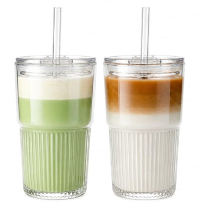 Haundry Ribbed Glass Cups with Lids and Straws (2 Pack), 16oz Iced Coffee Glass Tumbler, Leak Proof Coffee Cup To Go, Reusable Drinking Glasses for Iced Coffee, Smoothie, Juice - color: 16oz-2pcs