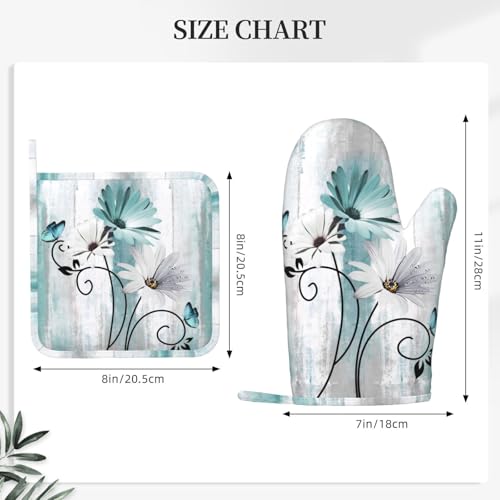 Teal Daisy Oven Mitts Pot Holders Set Silicone Heat Resistant Farm Teal Daisy Floral Flowers and Butterfly Oven Mitts and Hot Pads Potholders Non-Slip Oven Gloves for BBQ - color: Teal
