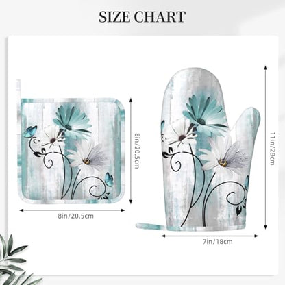 Teal Daisy Oven Mitts Pot Holders Set Silicone Heat Resistant Farm Teal Daisy Floral Flowers and Butterfly Oven Mitts and Hot Pads Potholders Non-Slip Oven Gloves for BBQ - color: Teal
