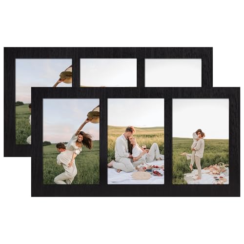 YESKAY 4x6 Collage Picture Frames,3 Picture Frame 4x6 with Real Glass,Rustic Black Wooden Frame,3 Opening 4 by 6 Photo Frame Wall Decor or Tabletop,2 Pack - color: Rustic Black, size: 4x6-3 Opening(OD:7x13in)