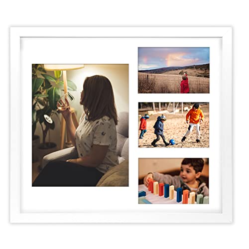 Golden State Art 14x16 White Wood Picture Frame for 8x10 and 4x6 Photos | 4 Opening Picture Frame,White Mat included,Real Glass, Sawtooth Hanger - Wall Mounting - Great for Posters, Weddings(1 Pack) - color: White&White Mat-1P, size: 1 8x10 And 3 4x6