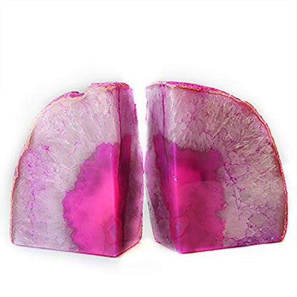 JIC Gem Pink Agate Geode Bookends Anti-Slip Rubber Bumpers 1 Pair 2-3 Lbs | Small Polished Dyed Pink Brazilian Agate Geode Bookends small Anti-Slip Crytal Holders for Bookshelf Desktop Home Office - color: Pink Dyed, size: 2-3LBS.