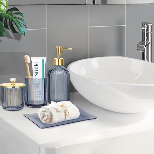 Haturi Glass Bathroom Accessories Set, Blue Bathroom Set, 4 Pcs | Kit w/ Bathroom Soap Dispenser Set, Toothbrush Holder, Qtip Holder, Vanity Tray, Blue Bathroom Decor, Gift for Home Apartment - style: Blue