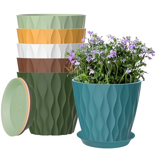 6 Pack 7 Inch Plant Pots with Drainage and Saucers, Multicolour Plastic Flower Pots for Indoor and Outdoor Plants, Stackable Nursery Planters for Houseplants and Herbs, Multicolour - color: Multicolour, size: 6 Pack 7 Inch