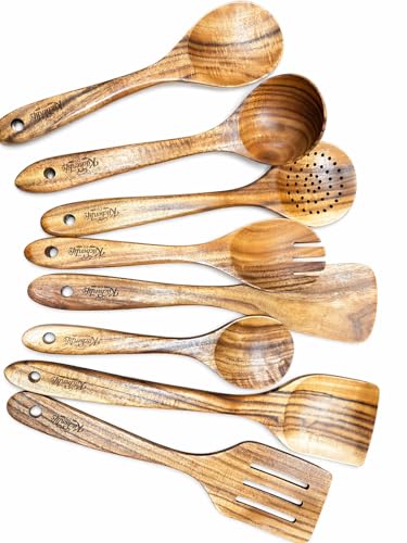 20-Piece Natural Teak Wood Kitchen Utensil Set with Holder, Cooking Utensils, Spatulas, Ladle, Slotted Spoon, Spoon Rest & Metal Hanging Hooks