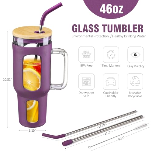 WINSA Glass Tumbler with Lid and Straw, 46 oz, Dark Purple | Iced Coffee Cup with Handle, Large Water Bottle with Silicone Sleeve, Pearl Straw & Drinking Straw, BPA Free - color: Dark Purple, size: 46 Ounces