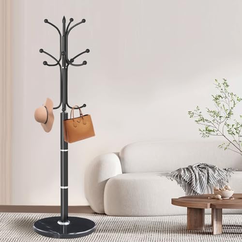 Coat Rack Stand,Black Metal Coat Rack Freestanding with 12 Hooks | Modern Coat Rack with Natural Marble Base,Heavy Duty Coat Hanger Stand, Coat Hall Clothes Tree Stand for Office,Bebroom - color: Black-12Hooks