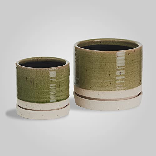 HERDUK 6 + 8 Inch Plant Pots, Ceramic Planter Pot with Drainage Hole & Saucer, Indoor/Outdoor Cylinder Round Planter Pot, Green - color: Green & Beige, size: 6 & 8 Inch Set