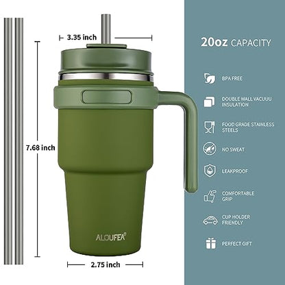 20 oz Insulated Travel Coffee Mug Tumbler with Handle and Straw | Leakproof Stainless Steel Coffee Cup with Lid, Double Wall Vacuum Ice Thermal Cup, Army Green - color: Army Green, size: 20 Ounces