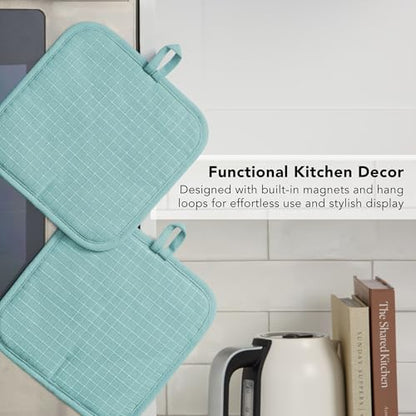 KITCHENAID Gourmet Series Gridlines Pot Holders 2-Pack Set, Heat Resistant up to 600°F, Soft Silicone Grip, Magnetic Cuff, Mineral Water Aqua, 8"x8" - color: Mineral Water Aqua