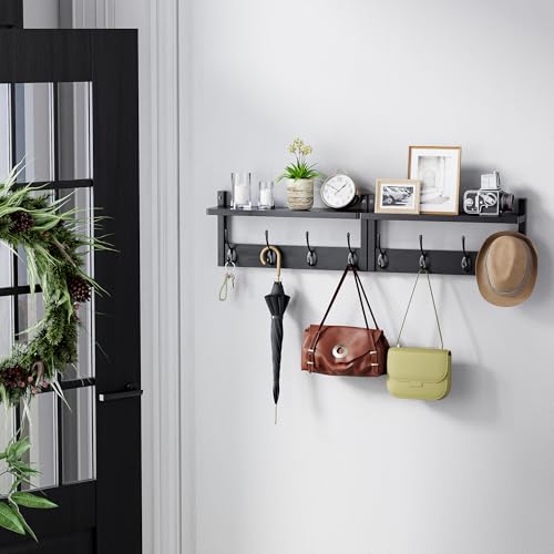 STELLSTAR Coat Rack with Shelf, 2 Pack Bamboo Wall-Mounted Coat Hanger with 8 Hooks for Entryway, Hallway, Kitchen, Bathroom, Living Room, Utility Room (Black) - color: Black