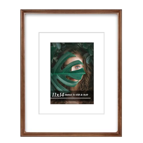 Handcrafted Solid Walnut Picture Frame 11x14 - Premium HD Tempered Glass Double Mat Photo Frame, Fits 6x8 & 8x10 Photos, Shatter-Resistant Wall Mounted Wood Frame for Home Decor & Gallery Wall, Perfect Festival Gift - color: Walnut, size: 11×14
