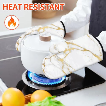 Oven Mitts and Pot Holders Sets White Gold Marble Kitchen Accessories of 4 Heat Resistant Oven Gloves Hot Pads with Non-Slip Silicone Surface for Chef Cooking Baking - color: White Gold
