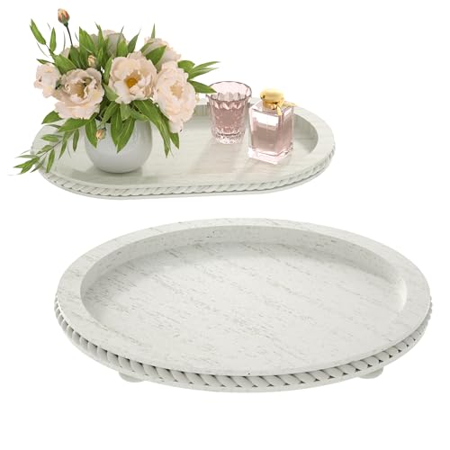 Urban Deco Wooden Tiered Tray, Oval and Round Tray Set of 2, Farmhouse Vintage Decorative Tray Stand for Coffee Table, White Serving Tray for Living Room Kitchen Home Decor - 1 Set - style: 1 tier-1set