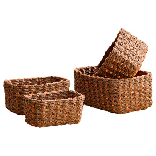 4PCS Woven Storage Baskets Set, Small Baskets for Organizing, Square Handwoven Paper Rope Organizer Bins for Shelves and Home Storage (Brown & Orange) - color: Brown & Orange