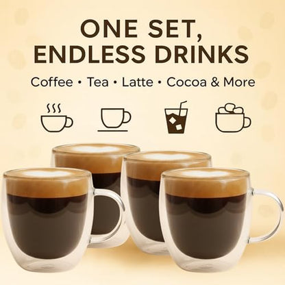 Casafoyer 9 Oz Double Wall Glass Coffee Cups Set of 4, Borosilicate Espresso Mugs
