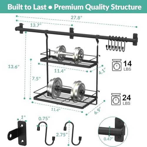 NADAMOO Spice Rack Wall Mount, 2-Tier Storage Shelf with Utensil Hanger | Adjustable Shelf & Hooks, Holds 40 lbs, Black Metal Vertical Storage Organizer Fits Kitchen Bathroom Laundry Coffee Bar