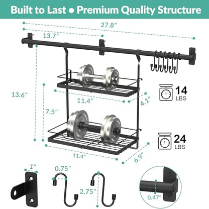 NADAMOO Spice Rack Wall Mount, 2-Tier Storage Shelf with Utensil Hanger | Adjustable Shelf & Hooks, Holds 40 lbs, Black Metal Vertical Storage Organizer Fits Kitchen Bathroom Laundry Coffee Bar