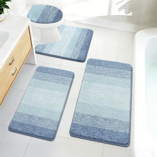 Bsmathom Bathroom Rug Set 4 Piece, Plush Microfiber Bath Mat, Dusty Blue | Super Water Absorbent, Non Slip Machine Washable Bath Rug Sets with Toilet Lid Cover and U-shaped Contour Toilet Mat - color: Dusty Blue, size: 18"x26"+20"x31"+U20"x24"+Cover19"x21