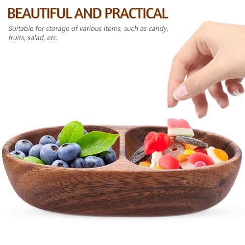 FUOYLOO Divided wood snack and fruit serving bowl, double compartment candy plate, salad bowl container, versatile wooden appetizer tray