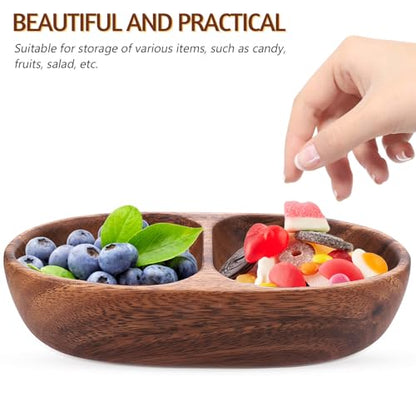 FUOYLOO Divided wood snack and fruit serving bowl, double compartment candy plate, salad bowl container, versatile wooden appetizer tray