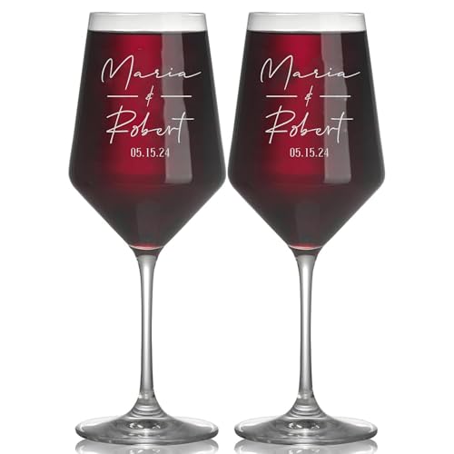 Personalized Wedding Wine Glasses, Engraved Mr & Mrs Wine Glass | Custom Crystal Glass for Bride and Groom, 18oz Wedding Glasses, Personalized Gifts for Couples, Husband and Wife, Newlyweds - color: Crystal Wine, size: Classic