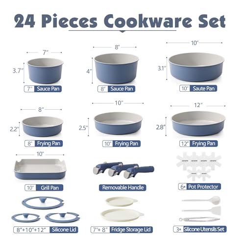 SENSARTE 24 Piece Ceramic Detachable Handle Pots and Pans Set Navy | Ceramic Cookware Set, Induction Cookware Set with Removable Handle, Healthy Non Stick for RV, Dishwasher ＆ Oven Safe - color: Navy, size: 24 Piece