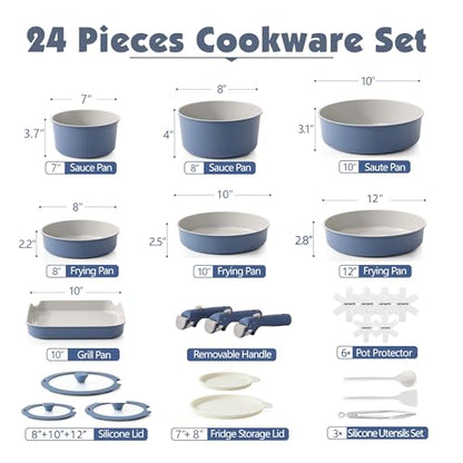 SENSARTE 24 Piece Ceramic Detachable Handle Pots and Pans Set Navy | Ceramic Cookware Set, Induction Cookware Set with Removable Handle, Healthy Non Stick for RV, Dishwasher ＆ Oven Safe - color: Navy, size: 24 Piece