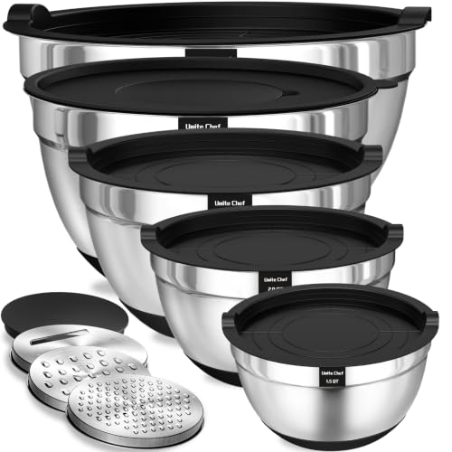 Umite Chef Mixing Bowls with Airtight Lids Set, 8PCS Stainless Steel Nesting Bowls Set, 3 Grater Attachments & Non-Slip Bottoms, Size 5, 4, 3.5, 2, 1.5QT for Baking & Mixing(Black) - color: Black