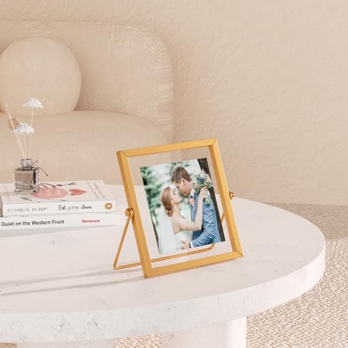 4x4 Floating Picture Frame, Gold Small Photo Frame, Metal Pressed Flowers Desk Picture Frame with Glass, Great for Photos, Gift, Pictures, Wedding, Portraits - color: 4"x4" Gold
