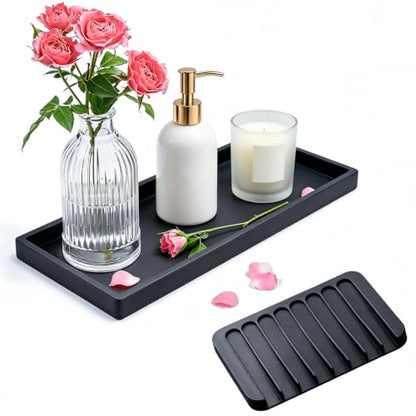 Bloss Vanity Tray with Soap Dish - 11.8x5.1inch BathroomTrays, Silicone Vanity Tray, Marble Countertop Trays, Toilet Tank Tray, Kitchen Counter Trays - color: Black, size: 11.8" x 5.1" x 0.9"