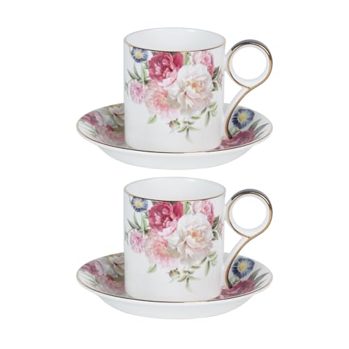 KAMMAK Tea Cups and Saucers Set of 2, Porcelain Coffee Cups, JBE014 | Stackable Espresso Mugs, Ceramic Demitasse for Coffee, Cappuccino, Latte, Americano, Tea - size: 8CZJBE014