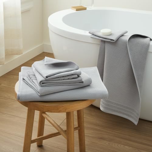 TOWN & COUNTRY BASICS 6-Piece Assorted Waffle Woven Terry Stripe Set, 2 Bath Towel, 2 Hand Towel, 2 Washcloth, 100% Cotton, Quick Dry, Gray - color: Light Grey
