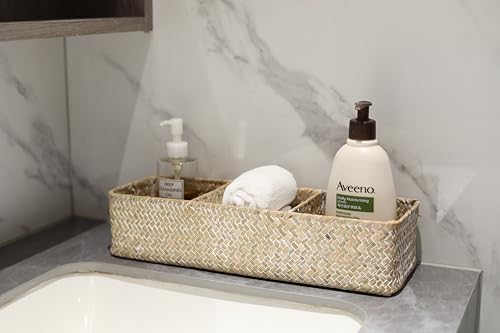 Whitewash Seagrass Storage Basket Woven Shelf Baskets for Bathroom Vanity Dresser Organizer 14.6inch x 4.7inch x 3.1inch - color: 3 Sections without Lid White