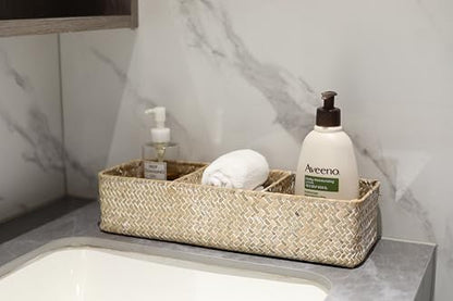 Whitewash Seagrass Storage Basket Woven Shelf Baskets for Bathroom Vanity Dresser Organizer 14.6inch x 4.7inch x 3.1inch - color: 3 Sections without Lid White