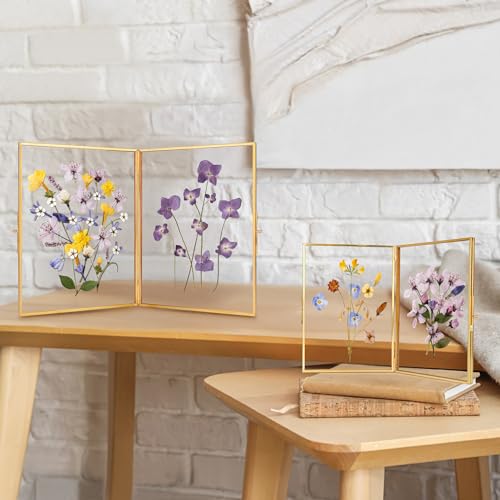 REDHUGO Glass Pressed Flower Frame Handmade, Rectangle, Gold, 5×7 Inches | Hinged Double Press Flower Frame, Tabletop Brass Photo Frames, Rectangle Dried Flowers Display Folding Frames for Home - color: Gold, size: 5L" x 7W"