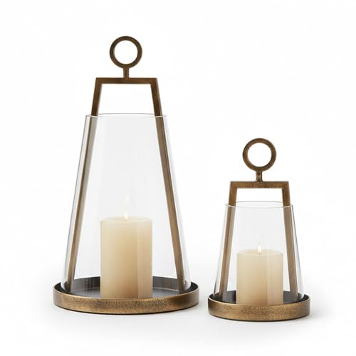 Hurricane Candle Holders Metal & Glass Lanterns Set of 2- Windproof Lanterns for Indoor Outdoor Home Decor, Patio, Wedding (Hurricane Candle Holders A)