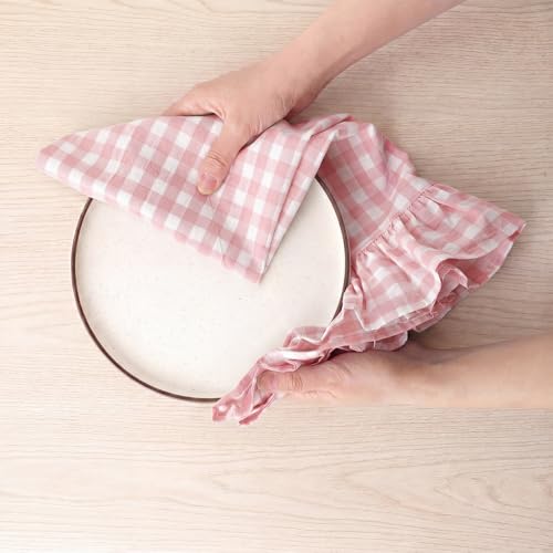 HunnmingRe Light Pink Kitchen Towels Set of 2, 100% Cotton Ruffled Gingham Dish Towels 18"x28" Absorbent Tea Cloths Classic Plaid Pattern for Farmhouse Charm, Drying Dishes, Entertaining Guests - color: Light Pink, style: Gingham