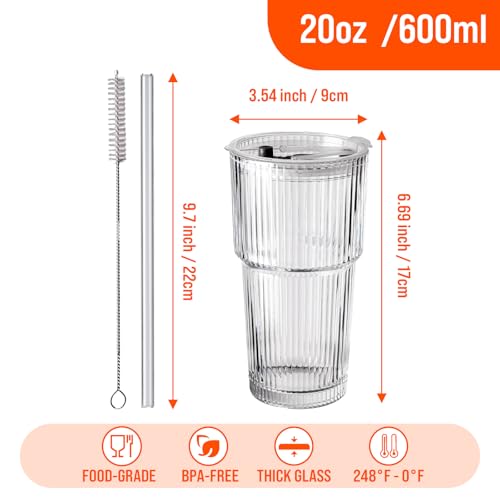SUROQUE 20oz Ribbed Glass Tumblers with Lids & Straws, Ideal for Iced Coffee, Cocktails & More - Includes Cleaning Brush - color: 4 Pack - 20OZ Standard