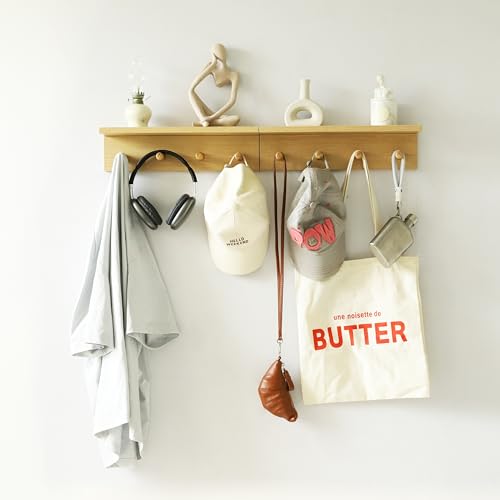 Entryway Coat Rack Hooks with Shelf, Sturdy Wooden Floating WallOrganizer Shelf with 4 Hooks siutable for Entrance, Mudroom, Kitchen, Bathroom,.etc(2pc-Oak Finish) - color: Oak 2PC